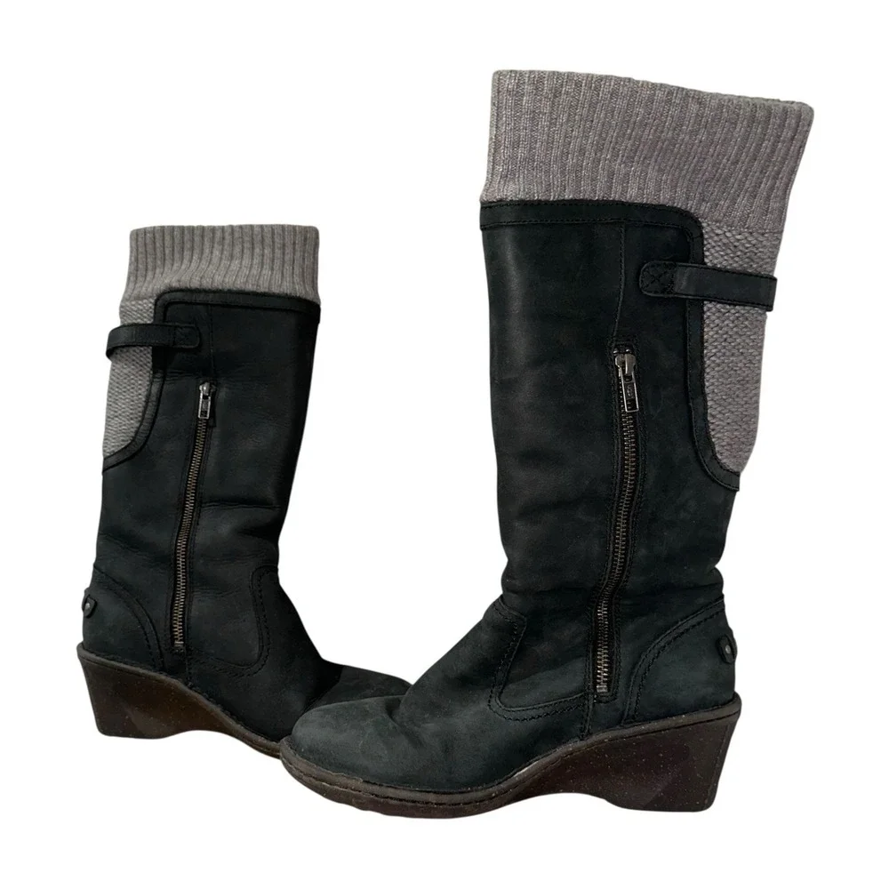 UGG Skyfall Suede Wedge Ankle‎ Boots Black Sheepskin Lined Women's 8 1006145